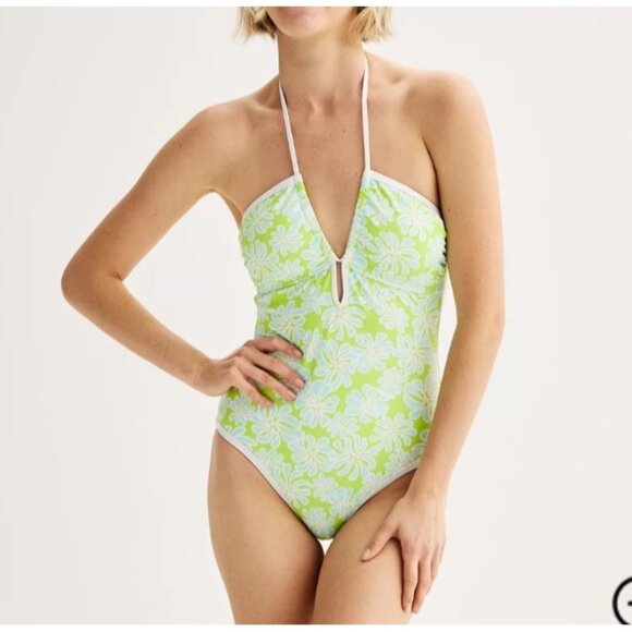 Ninety-Nine Floral One-Piece Swimsuit Halter Neck Green & White Juniors Small - Picture 1 of 10